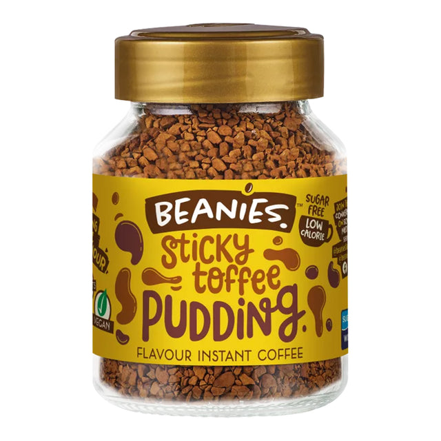 Jar of Beanies Sticky Toffee Pudding instant coffee on a white background