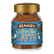 Jar of Beanies Toffee Nut Latte instant coffee with a gold lid on a white background