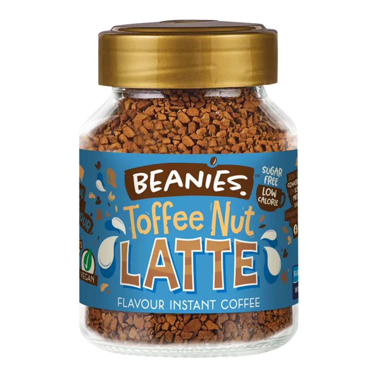 Jar of Beanies Toffee Nut Latte instant coffee with a gold lid on a white background