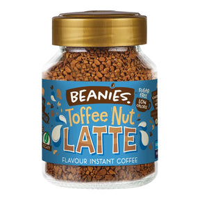 Jar of Beanies Toffee Nut Latte instant coffee with a gold lid on a white background