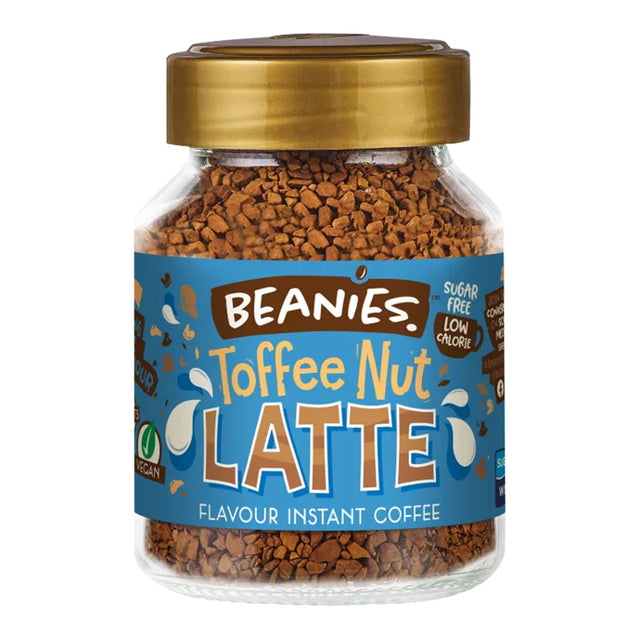 Jar of Beanies Toffee Nut Latte instant coffee with a gold lid on a white background