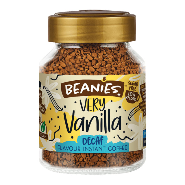 Jar of Beanies Very Vanilla Decaf instant coffee on a white background