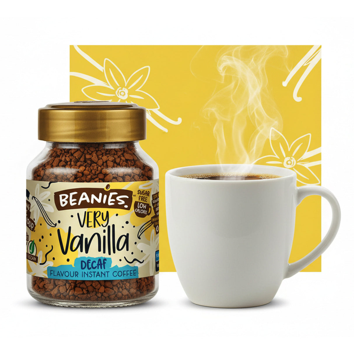 Jar of 'Beanies Very Vanilla Decaf' instant coffee and a steaming white mug on a yellow background with vanilla design.
