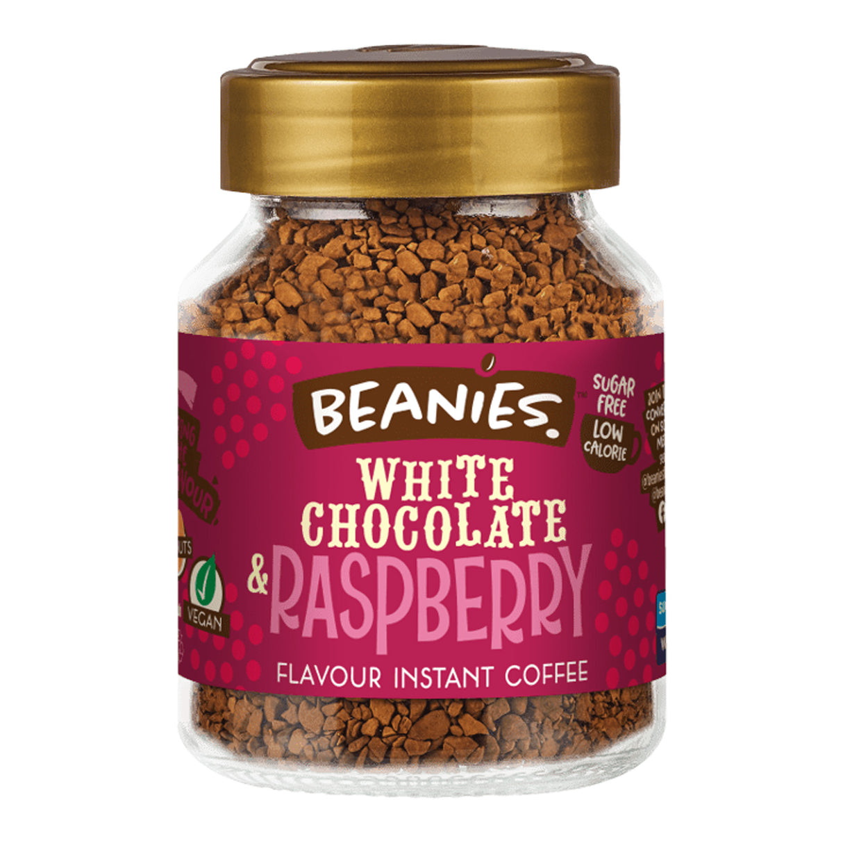 Jar of Beanies White Chocolate & Raspberry instant coffee on a white background