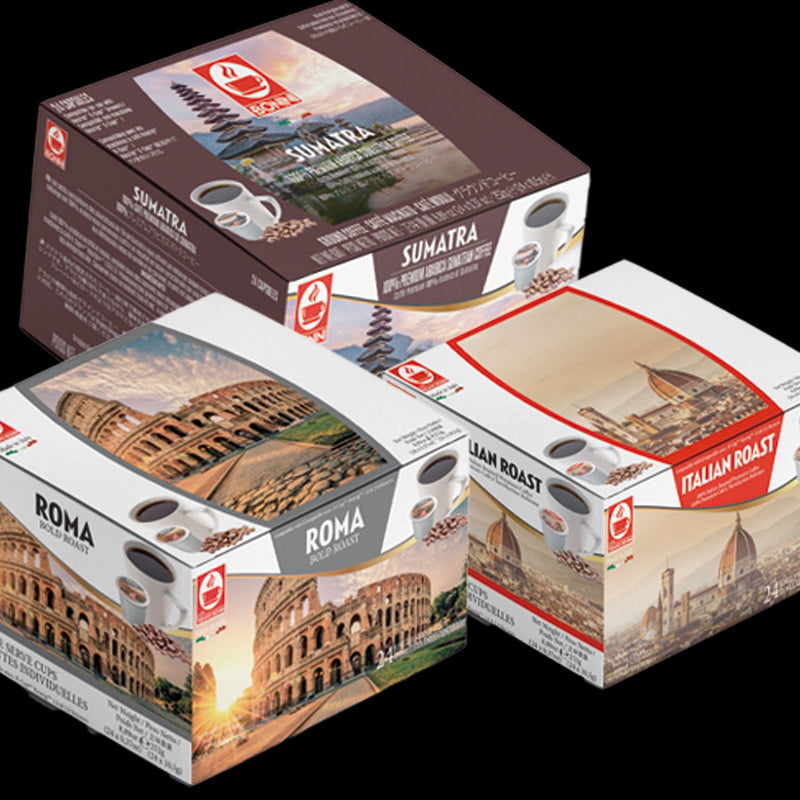 Three coffee packaging boxes with images of the Colosseum, a cup, and text on a black background.