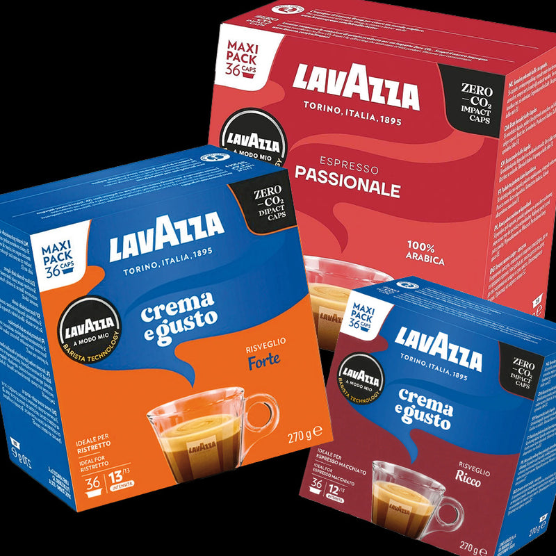 Three boxes of Lavazza coffee pods in different flavors on a white background