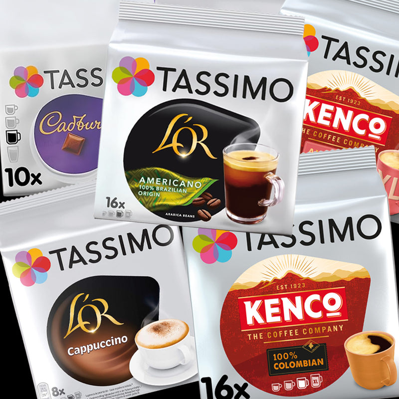 Collection of Tassimo, Légème, Cadbury, and Kenco coffee pod packages.