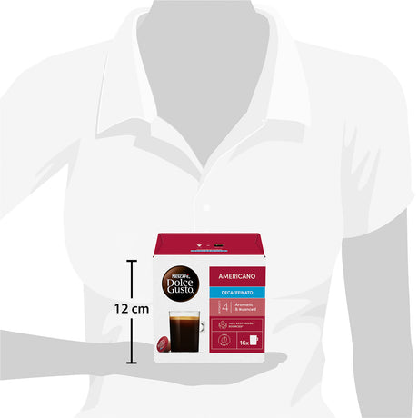 Nescafe Dolce Gusto coffee capsule packaging on a mannequin with dimensions indicated.