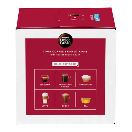 Dolce Gusto coffee machine packaging with Dolce Gusto branding and coffee types displayed.