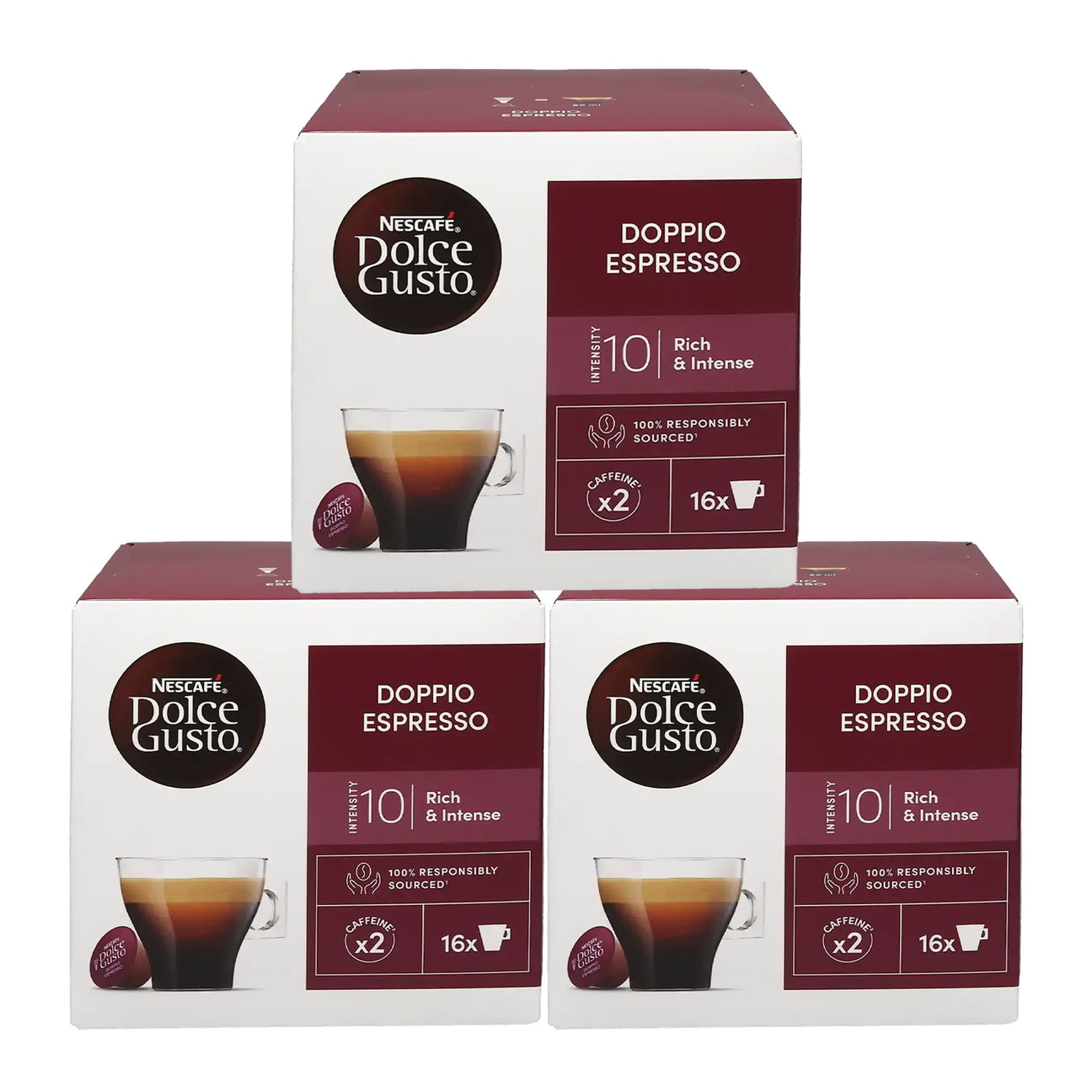 Three boxes of Nescafe Dolce Gusto Doppio Espresso coffee pods on a white background