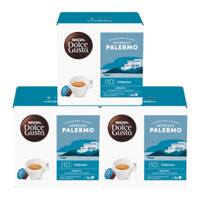 Three boxes of Nestle Dolce Gusto Espresso Palermo coffee capsules on a white background