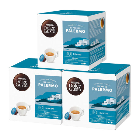 Three boxes of Nestle Dolce Gusto Espresso Palermo coffee capsules on a white background