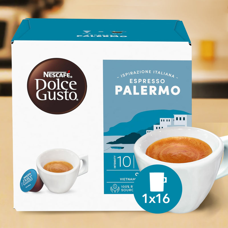 Nescafe Dolce Gusto Espresso Palermo coffee capsule box on a wooden surface