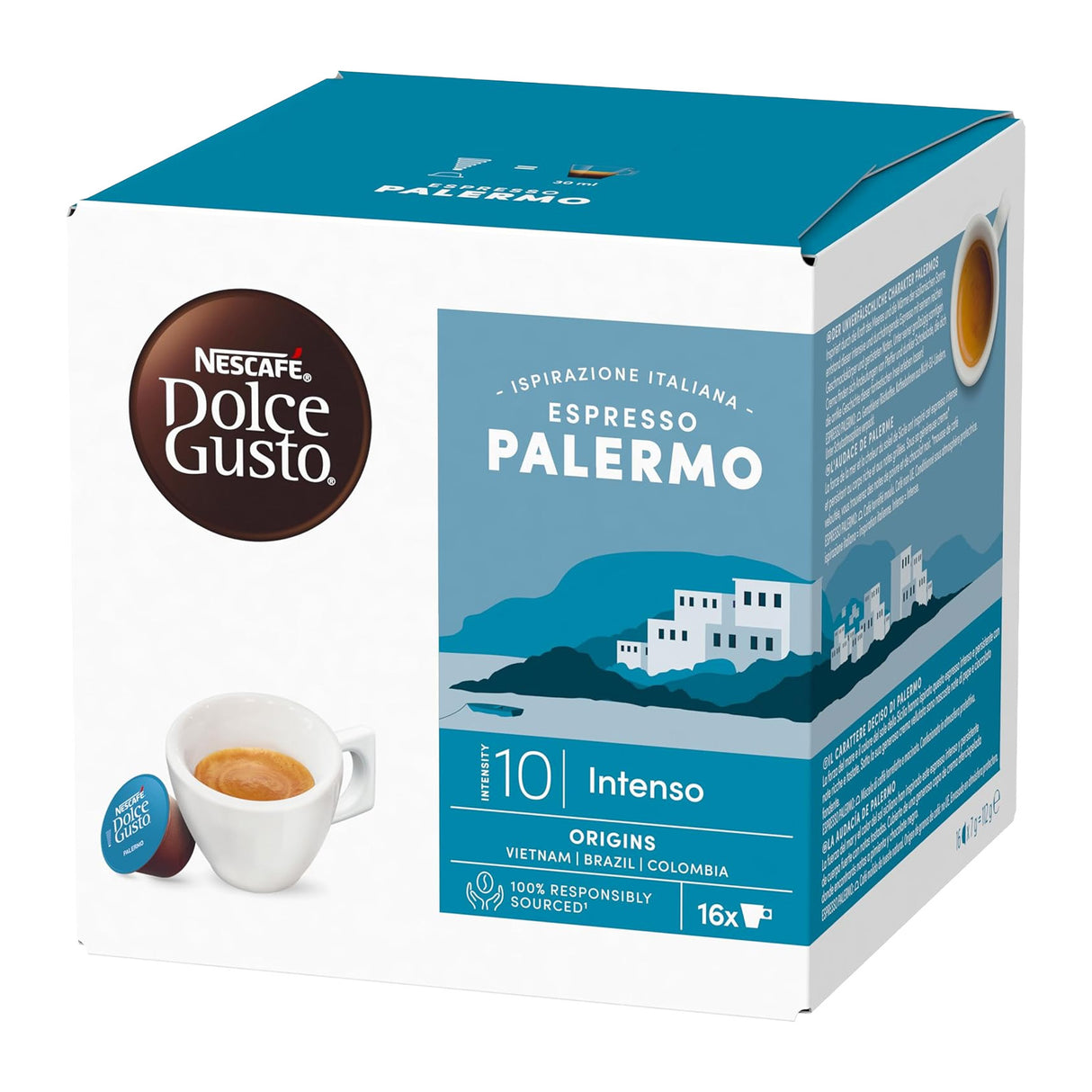 Nescafe Dolce Gusto Espresso Palermo coffee pod box on a white background