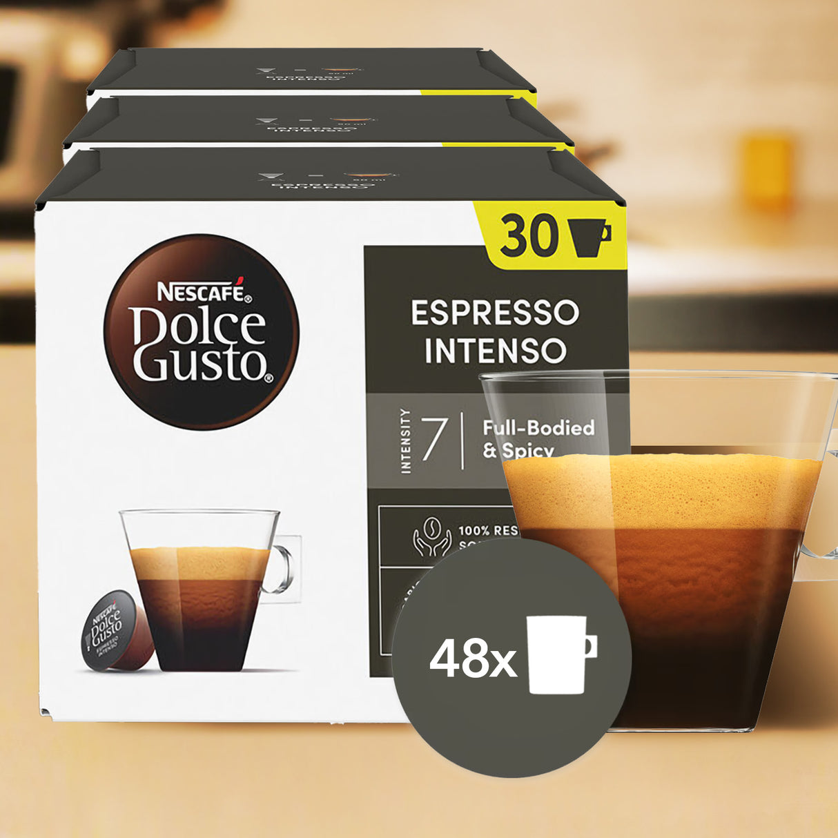 Box of Nescafe Dolce Gusto Espresso Intenso coffee capsules on a kitchen counter.