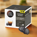 Box of Nescafe Dolce Gusto Espresso Intenso coffee capsules on a wooden surface