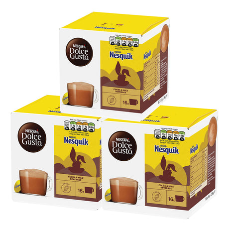 Three boxes of Nesquik and Dolce Gusto products on a white background