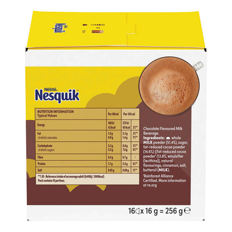 Nesquik chocolate-flavored milk packaging with nutrition information on a white background
