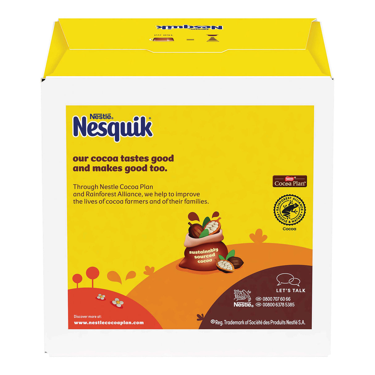 Nesquik cocoa packaging with a yellow and orange design on a white background