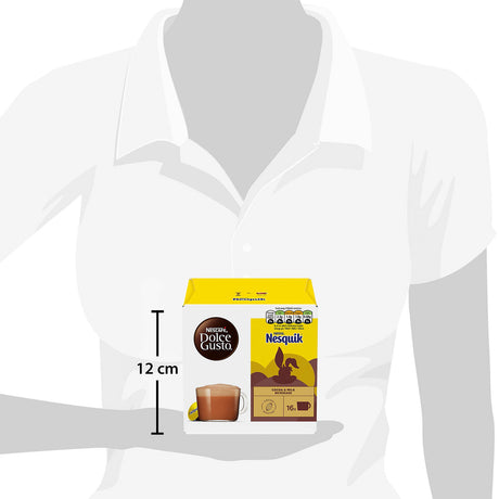 Nesquik Dolce Gusto coffee pod packaging on a white shirt with dimensions indicated.
