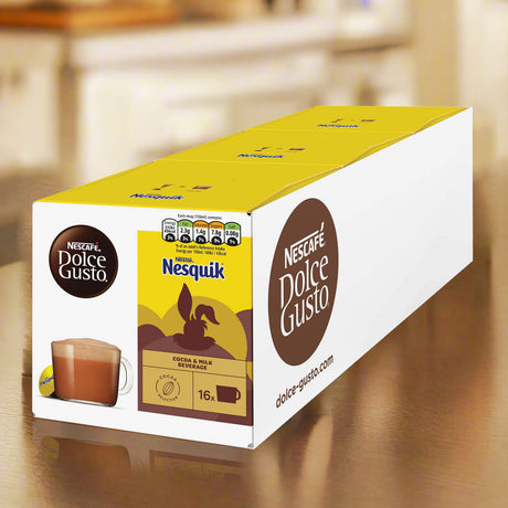 Box of Nescafe Dolce Gusto and Nestle Nesquik on a wooden surface