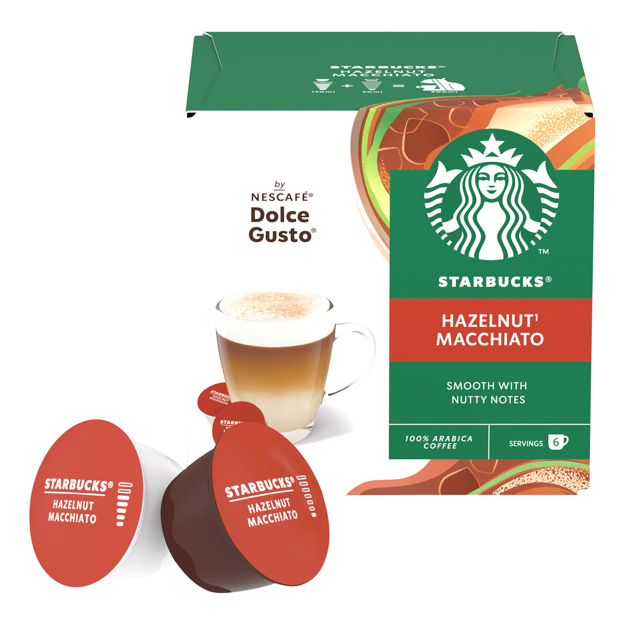 Starbucks Hazelnut Macchiato coffee pods and packaging on a white background