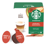 Starbucks Hazelnut Macchiato coffee pods and packaging on a white background
