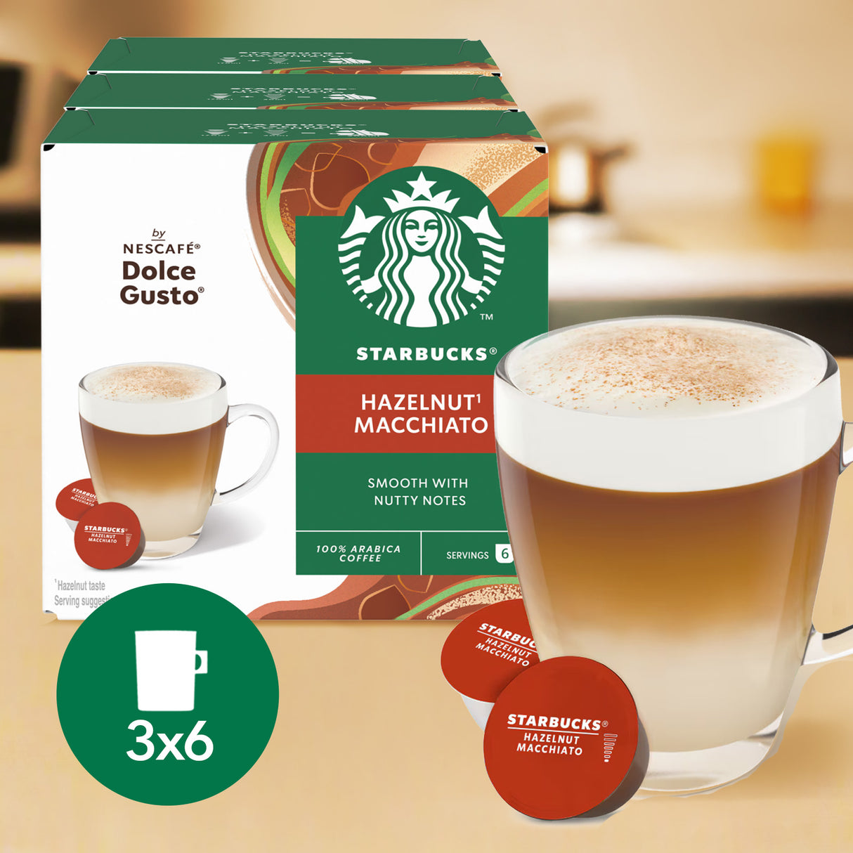 Starbucks Hazelnut Macchiato coffee pods with packaging and a cup of coffee on a blurred background.