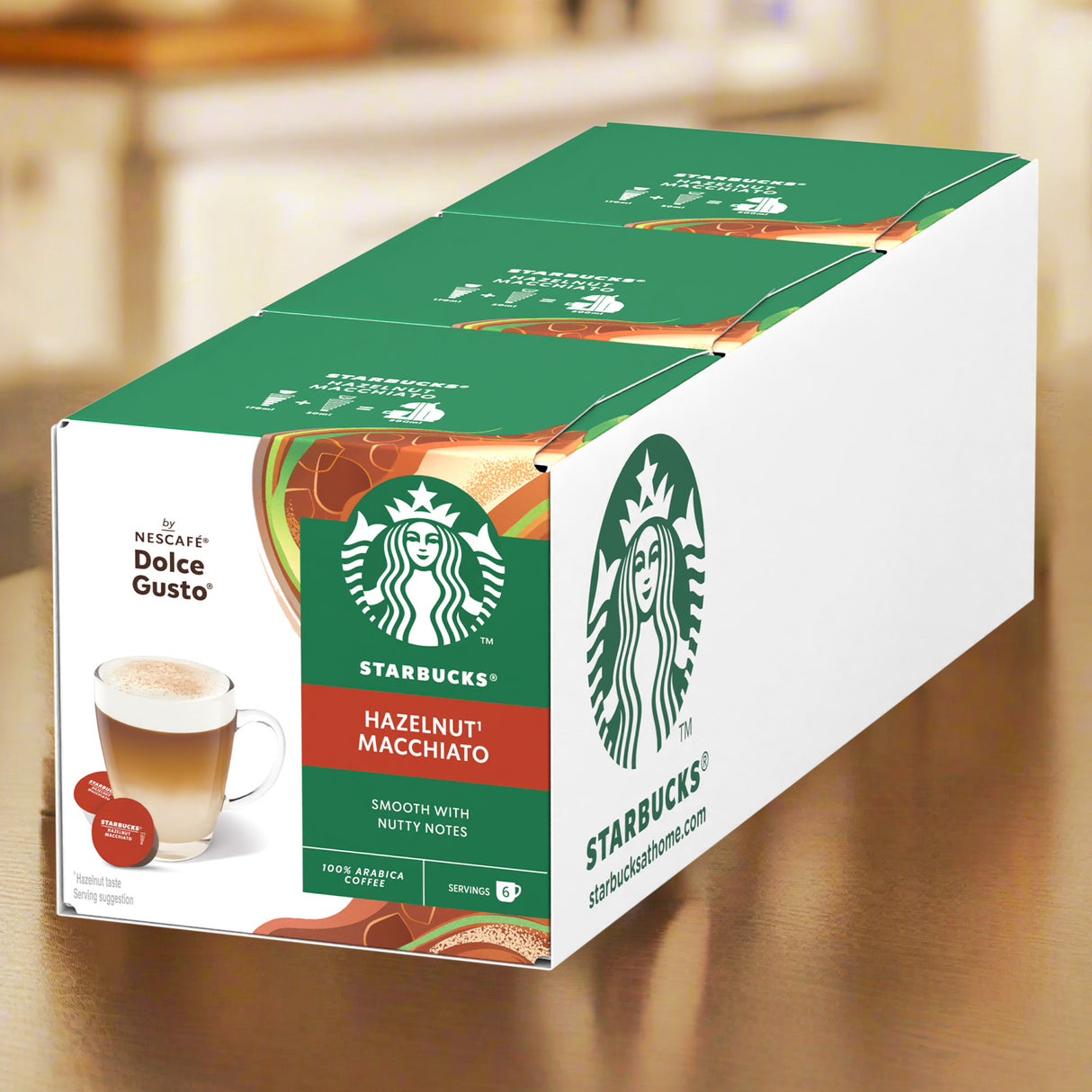 Box of Starbucks Hazelnut Macchiato coffee pods on a wooden surface