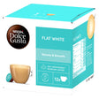Nescafe Dolce Gusto Flat White coffee capsule box, featuring a turquoise and white packaging design with a cup of coffee illustration and a single capsule shown on the side.