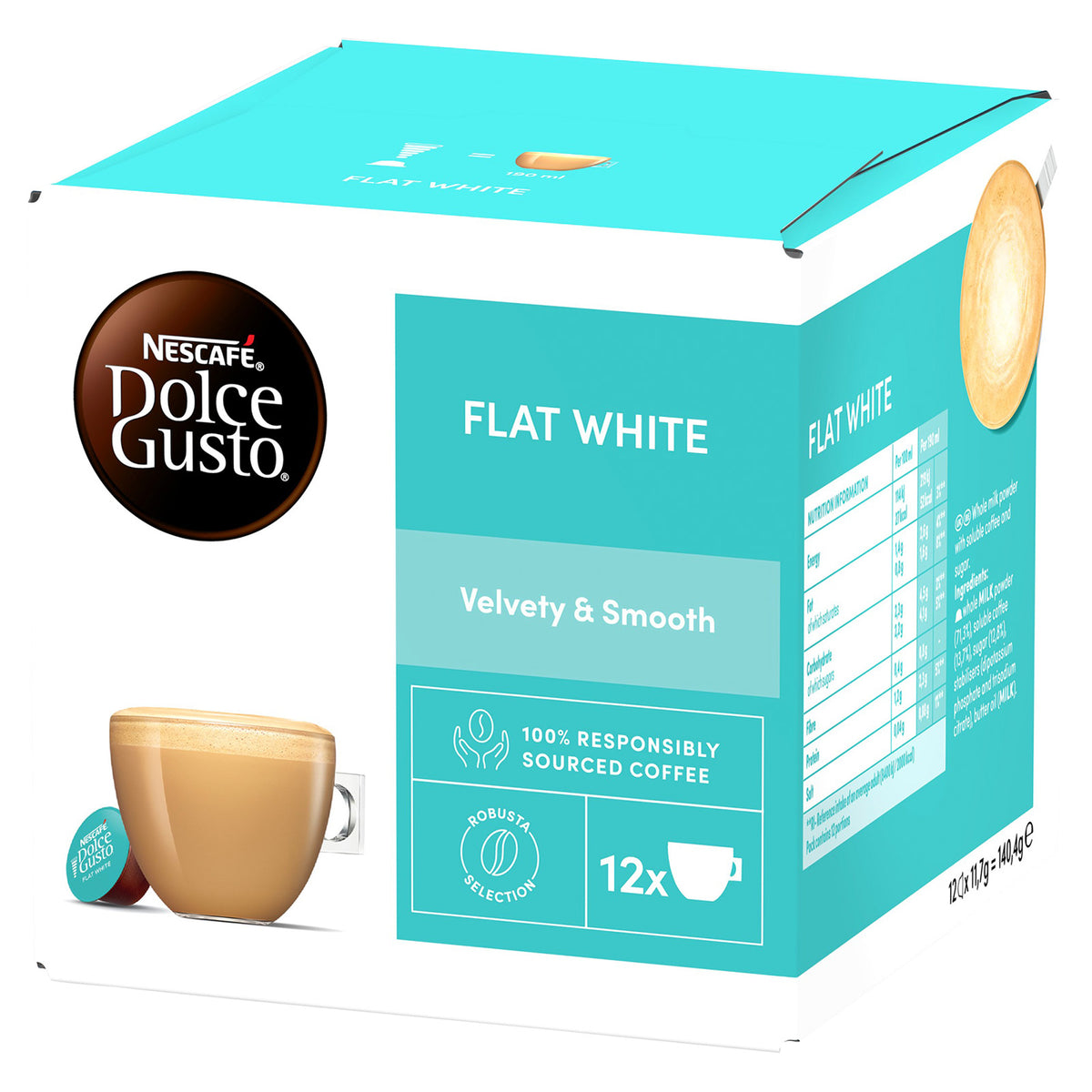 Nescafe Dolce Gusto Flat White coffee capsule box, featuring a turquoise and white packaging design with a cup of coffee illustration and a single capsule shown on the side.