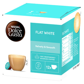 Nescafe Dolce Gusto Flat White coffee capsule box, featuring a turquoise and white packaging design with a cup of coffee illustration and a single capsule shown on the side.