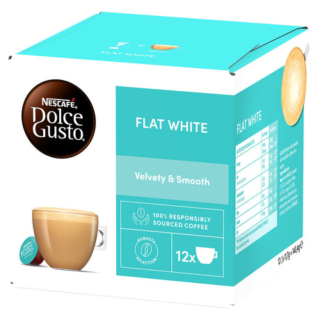 Nescafe Dolce Gusto Flat White coffee capsule box, featuring a turquoise and white packaging design with a cup of coffee illustration and a single capsule shown on the side.