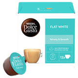 Nescafe Dolce Gusto Flat White coffee capsule packaging box with a single capsule in front and a cup of coffee shown on the front, on a white background.