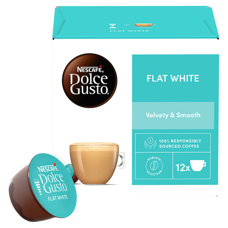 Nescafe Dolce Gusto Flat White coffee capsule packaging box with a single capsule in front and a cup of coffee shown on the front, on a white background.