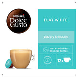 Nescafe Dolce Gusto Flat White coffee capsule packaging and a cup of prepared coffee on a white background.