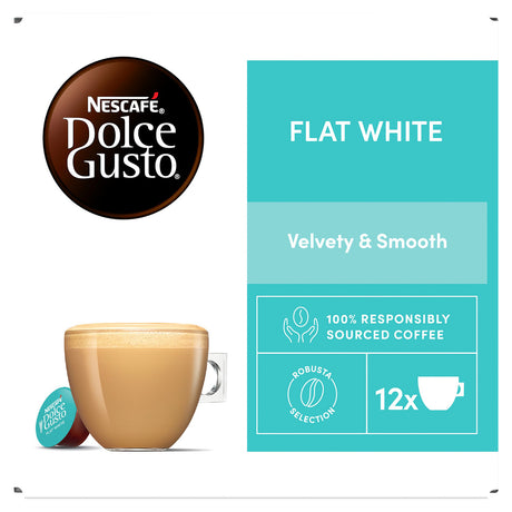 Nescafe Dolce Gusto Flat White coffee capsule packaging and a cup of prepared coffee on a white background.
