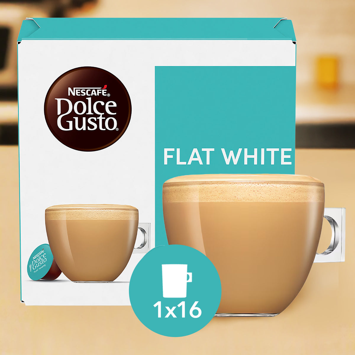 Nescafé Dolce Gusto Flat White coffee capsule packaging box, showing a large mug filled with light tan coffee and a smaller mug beside it, with a teal circle indicating 1x16 count.