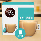 Nescafé Dolce Gusto Flat White coffee capsule packaging box, showing a large mug filled with light tan coffee and a smaller mug beside it, with a teal circle indicating 1x16 count.