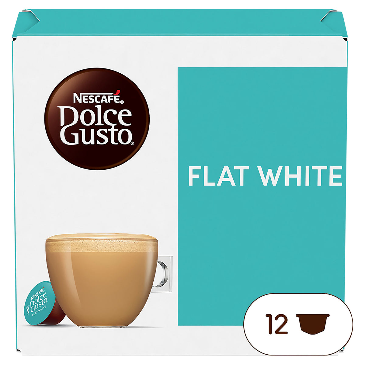 Nescafe Dolce Gusto Flat White coffee capsule box The packaging is white and teal with a brown circular Dolce Gusto logo, an illustration of a flat white coffee cup, and a single coffee capsule graphic.