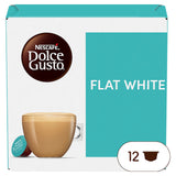 Nescafe Dolce Gusto Flat White coffee capsule box The packaging is white and teal with a brown circular Dolce Gusto logo, an illustration of a flat white coffee cup, and a single coffee capsule graphic.