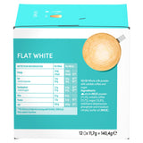 A turquoise and white product box for Flat White whole milk powder, showing a nutrition facts panel, ingredients list, and a latte art photo on the front.