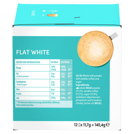 A turquoise and white product box for Flat White whole milk powder, showing a nutrition facts panel, ingredients list, and a latte art photo on the front.