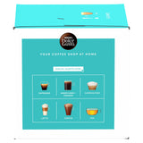 Nescafé Dolce Gusto coffee machine accessory packaging box, featuring a white outer box with a large turquoise front panel showing six coffee and tea options: espresso, americano grande, cappuccino, latte, cocoa, and tea.