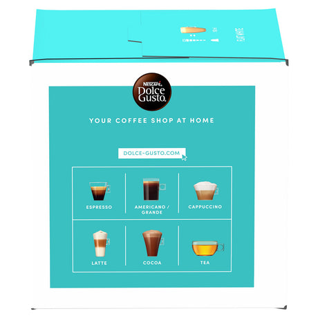Nescafé Dolce Gusto coffee machine accessory packaging box, featuring a white outer box with a large turquoise front panel showing six coffee and tea options: espresso, americano grande, cappuccino, latte, cocoa, and tea.