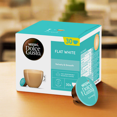 Nescafe Dolce Gusto Flat White coffee pod Magnum Pack on a wooden surface with a blurred background