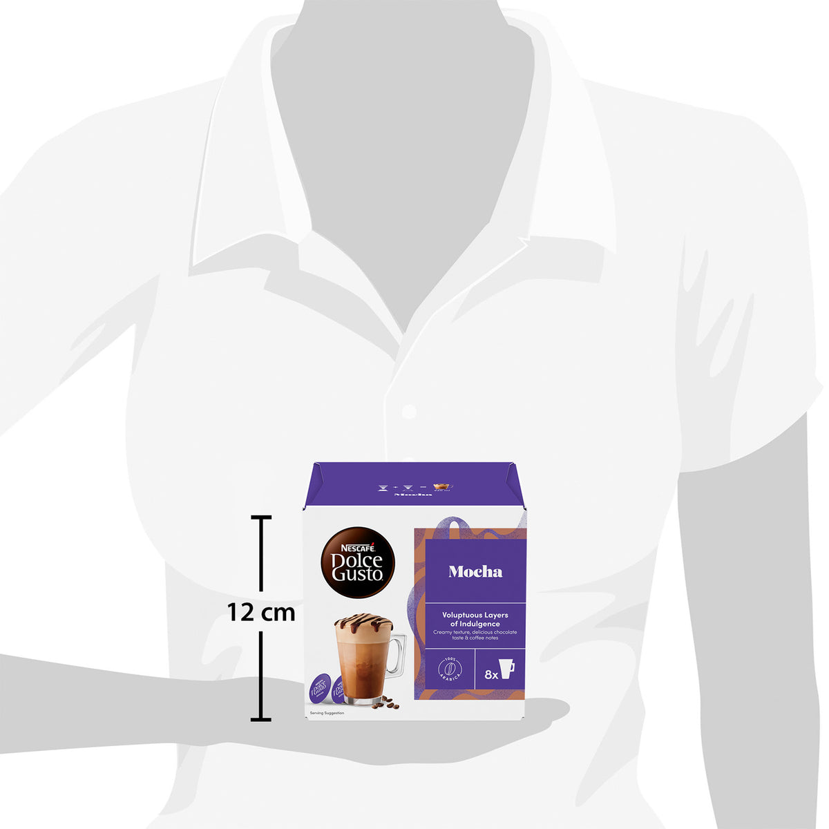 Nescaè Dolce Gusto Mocha coffee pod packaging on a mannequin with a 12 cm measurement label.