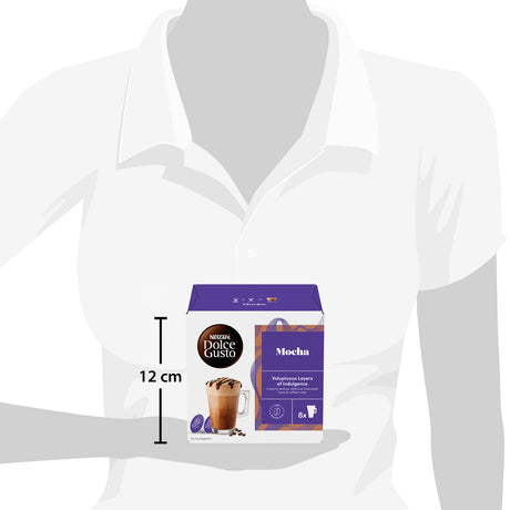 Nescaè Dolce Gusto Mocha coffee pod packaging on a mannequin with a 12 cm measurement label.