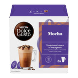 Nescafe Dolce Gusto Mocha coffee capsule box, featuring a purple and white packaging design with a glass of mocha latte and coffee beans on the front.