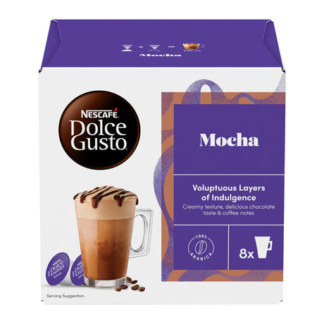 Nescafe Dolce Gusto Mocha coffee capsule box, featuring a purple and white packaging design with a glass of mocha latte and coffee beans on the front.